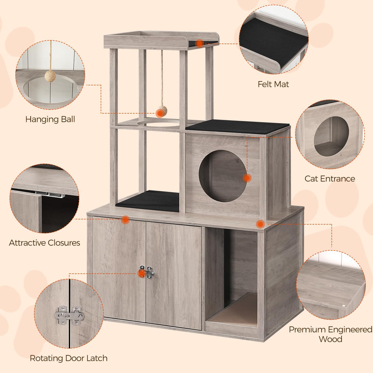 MAHANCRIS Cat Tree with Litter Box Enclosure, Hidden Cats Litter Box Furniture with Condo and Plush Ball, Wooden Cats Washroom Furniture with Platform, Indoor Cat House, Greige CWHG1501 MAHANCRIS