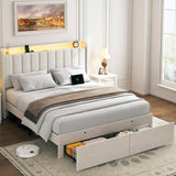 TIGUBFRE Full Size Bed Frame with Storage Headboard, Upholstered Platform Bed Frame with LED Lights, Drawers, Charging Station, Wood Slats Support, No Box Spring Needed, Noise Free, Beige TIGUBFRE