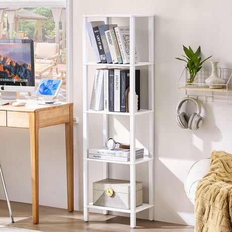 YUFAM 54in Tall Bookshelf 5-Tier Small Narrow Bookcase, Skinny Book Shelf for Small Space, Farmhouse Slim Shelf with Storage, Wood Freestanding Display Thin Bookshelves for Living Room, Office, White YUFAM