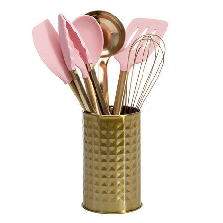 Paris Hilton Kitchen Set Tool Crock with Silicone Cooking Utensils, Stainless Steel Whisk and Ladle, 7-Piece, Pink and Gold Paris Hilton