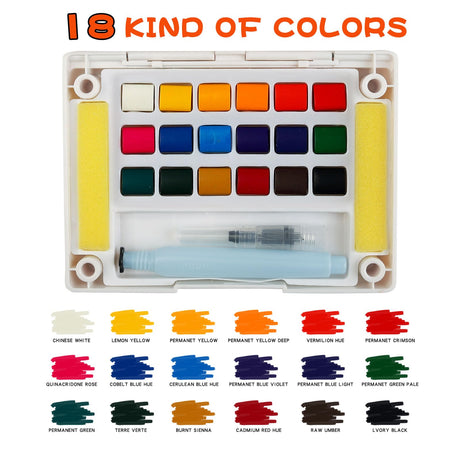 MAIKEDEPOT Watercolor Paint Set,Vivid Colors Travel Paint Set Graspable Painting Set Compact Size, Watercolor Kit with Water Brush Pens,24 Sheets Watercolor Papers,3 Online Tutorial Video - 18colors MAIKEDEPOT
