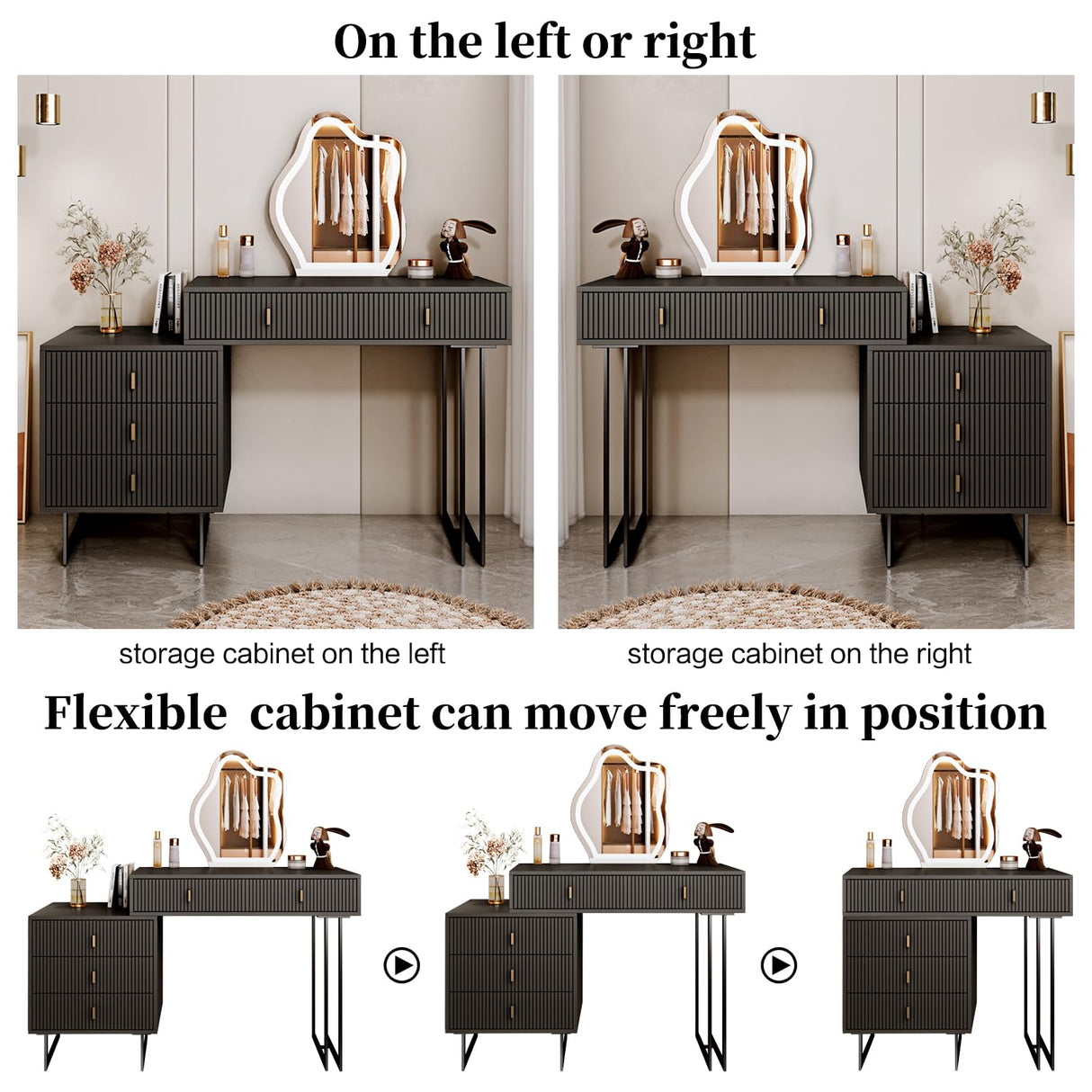 Ieejdn Black Vanity Desk with Mirror and Lights,Small Makeup Vanity with 5 Drawers，Modern Makeup Table with Adjustable Cabinet for Bedroom,Makeup Room Ieejdn