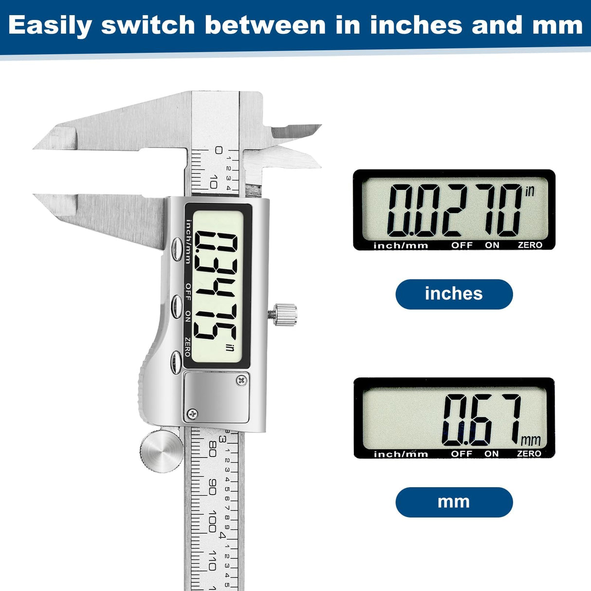Caliper Measuring Tool, Qfun Vernier Digital Caliper Stainless Steel 6 Inch/150mm, Digital Micrometer Waterproof, Easy Switch from Inch to Millimeter, Large LCD Screen RVOGJP