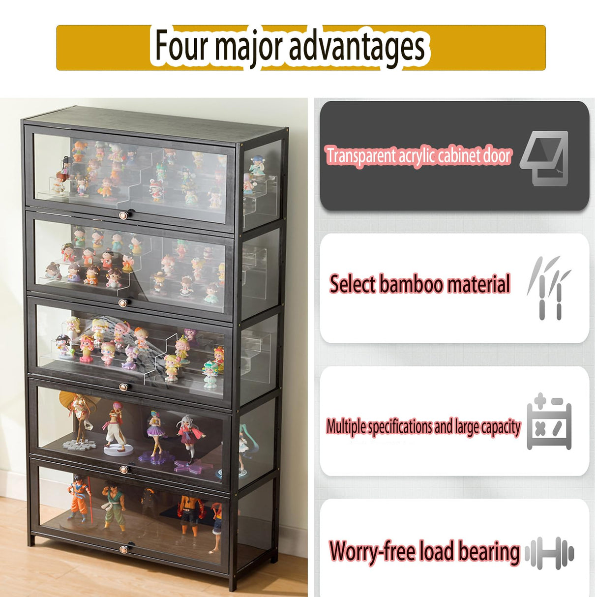 Curio Display Cabinet with Acrylic Glass Door 1-5 Tier Display Cabinet Natural Bamboo Display Cases for Collectibles High Capacity Storage Cabinet with Flip-top Door Strong Load-Bearing Capacity JSWHYBD