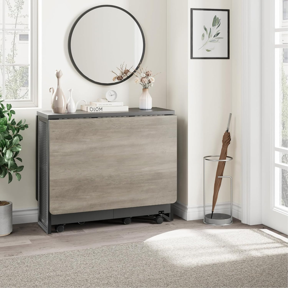 IDEALHOUSE Folding Dining Table, Drop Leaf Dining Table with 6 Wheels and 2-Layer Storage Shelf, Space Saving Dining Table for Small Spaces (Carlo Grey, 50.1" D x 31.4" W x 29.5" H) IDEALHOUSE