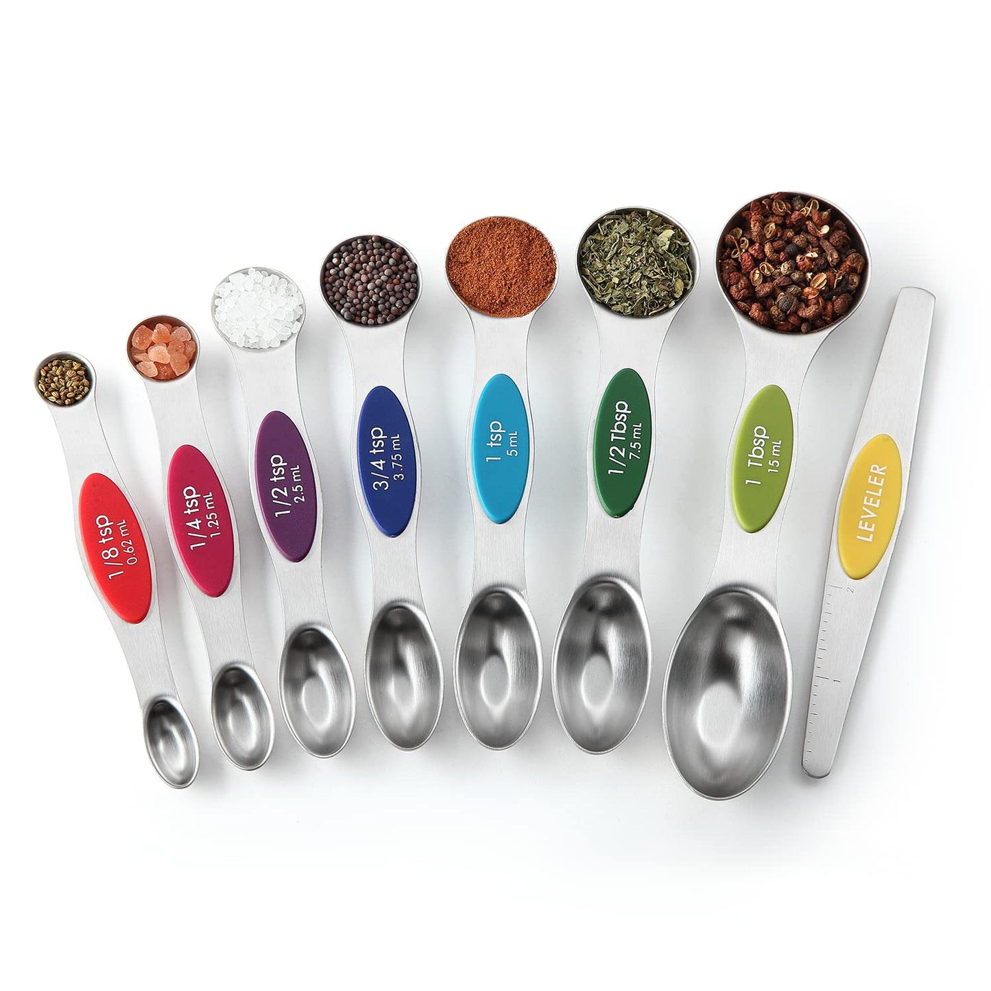 Spring Chef Magnetic Measuring Spoons Set with Strong N45 Magnets, Heavy Duty Stainless Steel Metal, Fits in Most Kitchen Spice Jars for Baking & Cooking, BPA Free, Multicolor, Set of 8 with Leveler