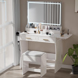 Homesflex Modern White Makeup Vanity Desk with Adjustable Lights, Mirror, and Storage - Complete Vanity Set with Drawers, Shelves, and Stool Homesflex
