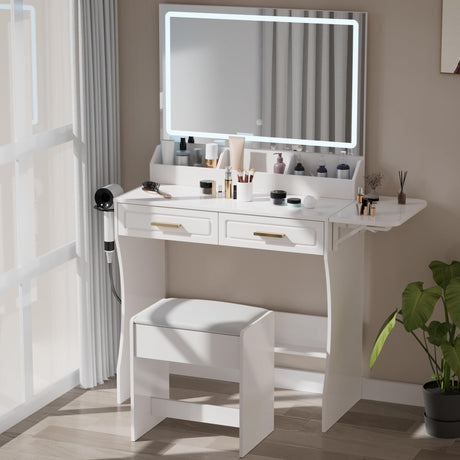 Homesflex Modern White Makeup Vanity Desk with Adjustable Lights, Mirror, and Storage - Complete Vanity Set with Drawers, Shelves, and Stool Homesflex