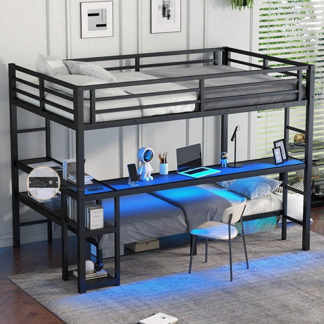 AEMSOFK Full Over Twin Bunk Bed with Desk and USB, Convertible Desk, Metal Full Size Over Twin Loft Bed with Led & Storage Shelves for Teen,Safety Guardrail & Ladder,No Box Spring Needed(Black) AEMSOFK