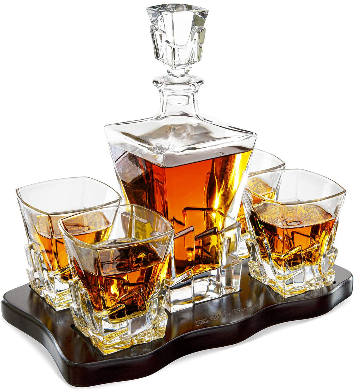 Crystal Wine and Whiskey Iceberg Mountain Glacier Decanter with 4 Glasses and Wood Tray - The Wine Savant The Wine Savant