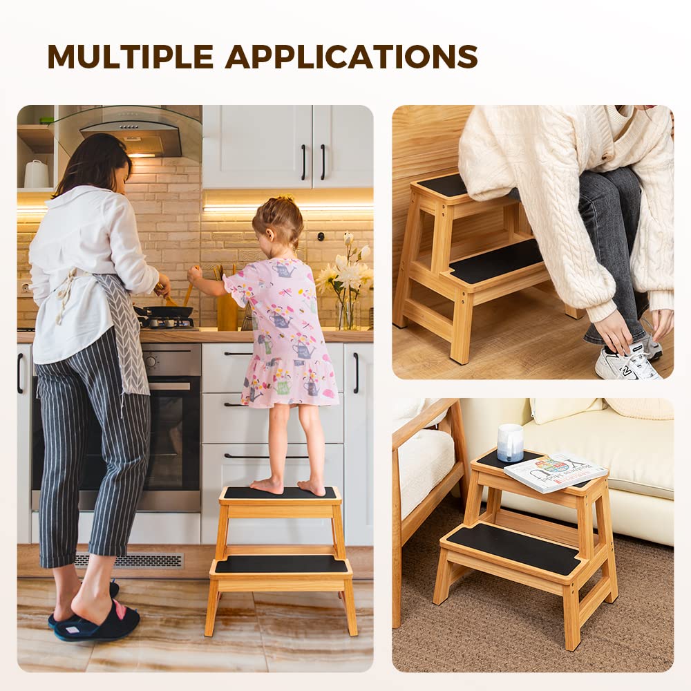 StrongTek Wood Step Stool for Adults and Kids, 17 Inch Tall, Non-Slip Step Surface, Heavy Duty, Two Step for Kitchen, Bed, Bathroom, 500 lbs Capacity StrongTek
