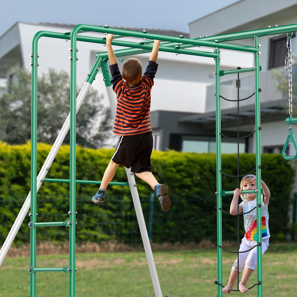 Hapfan Swing Sets for Backyard with Monkey Bars, Belt Swing, Platform Swing, Climbing Net, Trapeze Bar, Outdoor Playset for Kids Hapfan