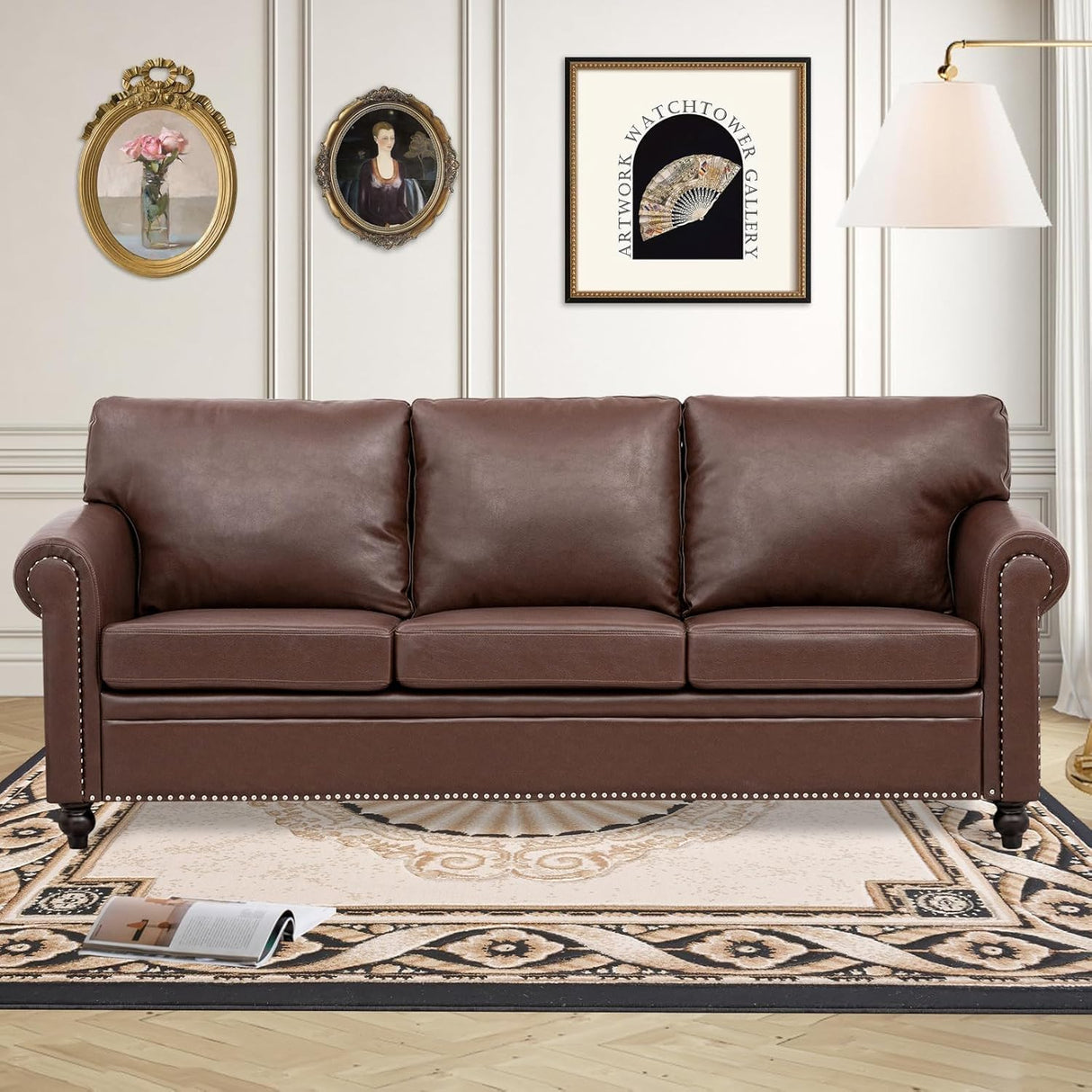 Brown Leather Couch, Comfy Classic 3 Seater Living Room Sofa，Mid-Century Modern Sofa with Detachable Cushions 84" for Living Rooms, Bedrooms, Offices,Apartments Tool-Free Assembly(Brown PU + Sofa) INOTEVERITORY