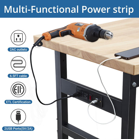 48" Adjustable Workbench for Garage, Heavy-Duty Bamboo Wood Top Work Bench with Power Outlets, Hardwood Work Table Workstation for Workshop, Office, Home BMJX US
