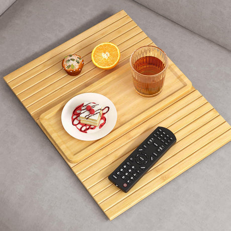 Bamboo Sofa Arm Tray Table - Couch Arm Tray with Extra Removable Tray, Anti-Slip Sofa Armrest Tray, Large Couch Cup Holder Tray for Phone, Cups, Remote, Flexible and Foldable xinyoec