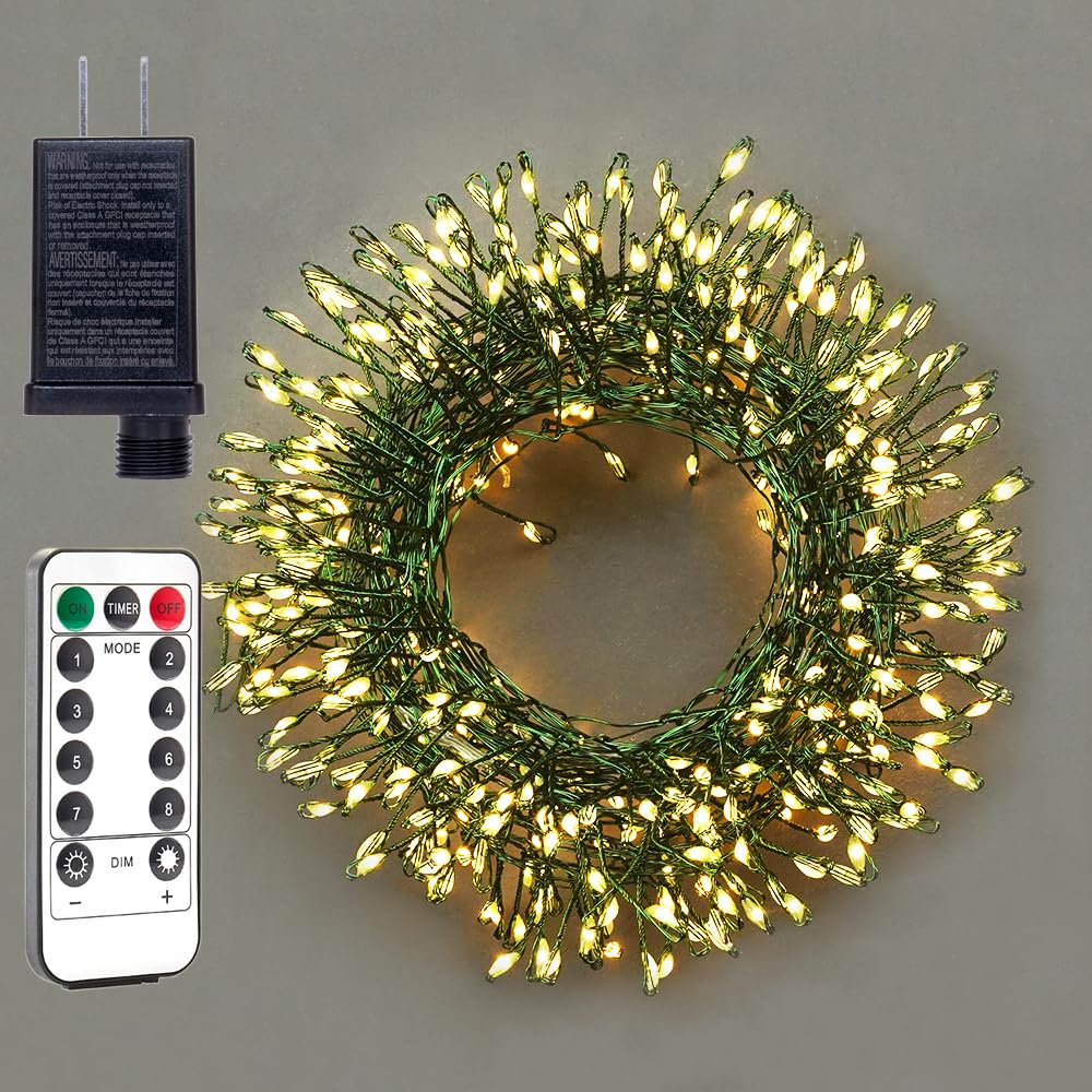 ZELUXDOT Fairy Lights Plug in,100FT 1000 LEDs Waterproof String Lights,Green Wire,Firecracker Lights with Remote 8Modes for Indoor Outdoor Christmas Wedding Birthday Patio Garden Decor,Warm White