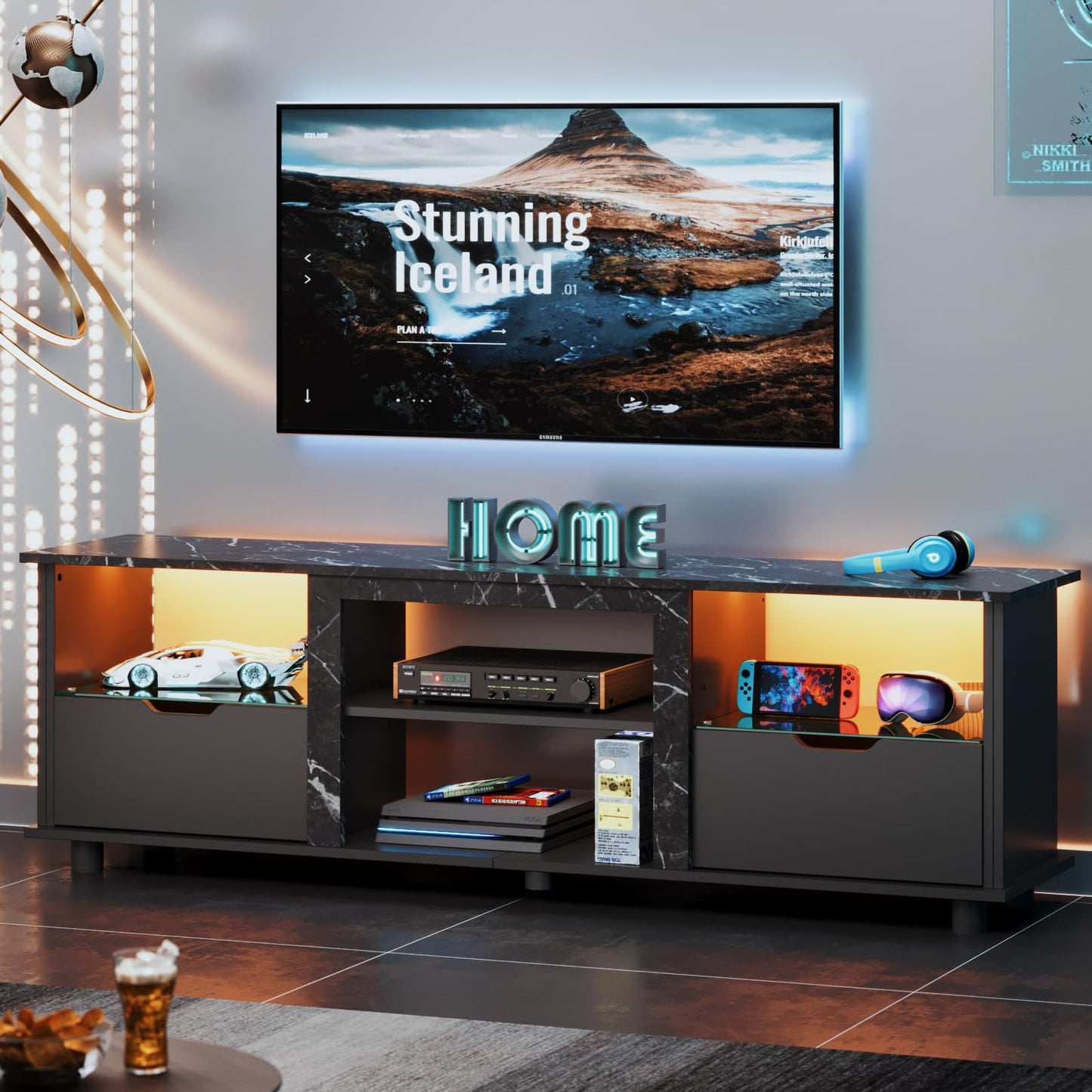 Bestier 70" Gaming Entertainment Center with Drawers, LED TV Stand for 75 Inch TV, TV Entertainment Stand for Living Room with Storage and Glass Shelves (Black Marble)