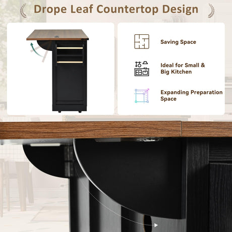 Amposei Farmhouse Kitchen Island on Wheels with Drop Leaf & Power Outlet, 53.7-Inch Rolling Storage Island Cart Breakfast Bar with Drawers, Sliding Barn Door Cabinets, Spice Rack (Black) Amposei