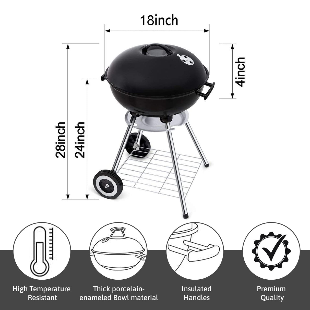 18 Inch Portable Charcoal Grill with 4 Legs and Wheels for Outdoor Cooking Barbecue Camping BBQ Coal Kettle Grill - Heavy Duty Round with Thickened Grilling Bowl for Small Patio Backyard Papapacks