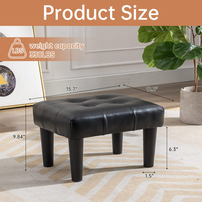 Durfii Small Footstool Ottoman, Faux Leather Wooden Foot Stool Ottoman, Perfect for Living Room, Bedroom, Entryway or Office Seating (Leather Black,1PCS)