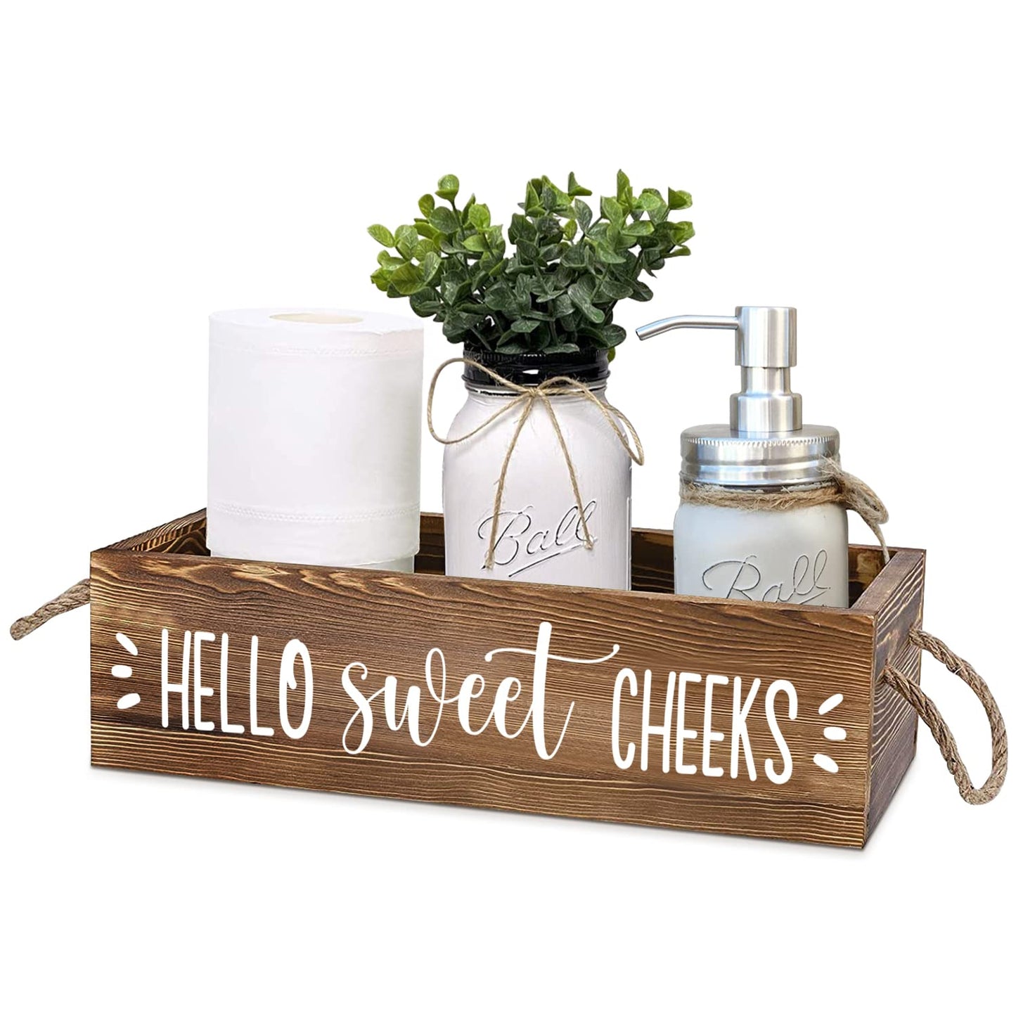 Guokoko Hello Sweet Checks Wooden 2 Sides Bathroom Decor Box Toilet Tank Paper Basket with Rope Handle, Back of Toilet Storage Organizer for Bathroom Tank Topper Counter, Brown Bathroom Decor - WoodArtSupply