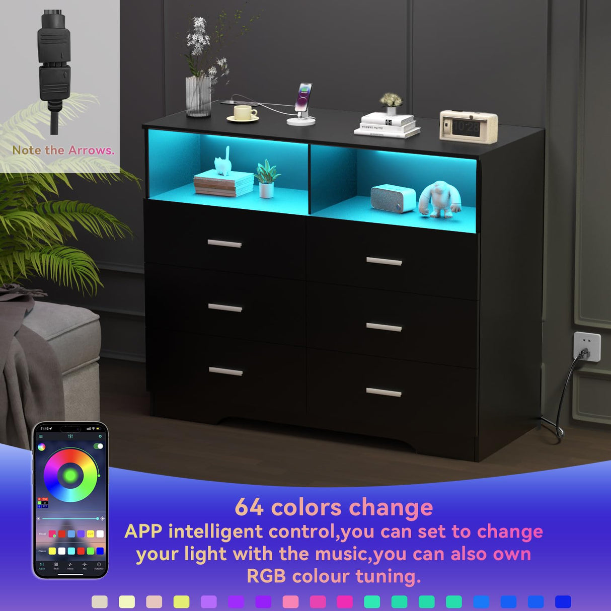 FJTJBSI Dresser with Power Outlets and LED Lights Wooden 6 Drawer Dresser with Large Organizer Tall Black Drawer for Bedroom Modern Chest of Drawers Closet for Living Room Kids Room FJTJBSI