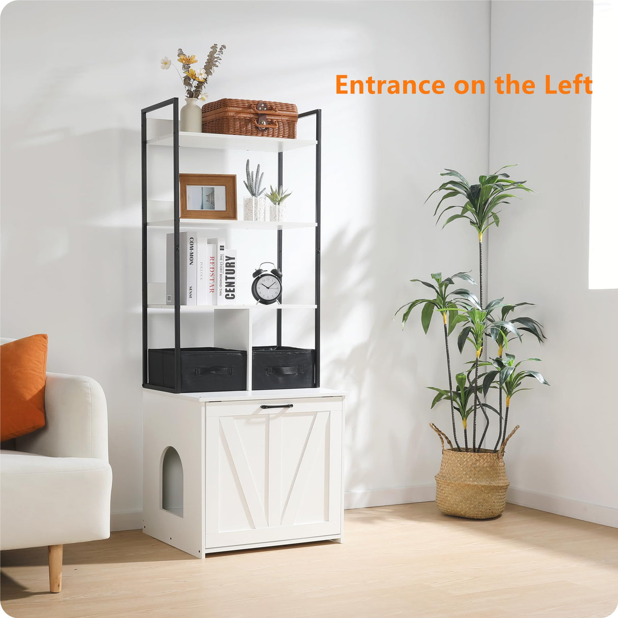 DWANTON Litter Box Enclosure with 3 Storage Shelves and 2 Drawers, 2-in-1 Hidden Cat Litter Box Enclosure Furniture with Shelf, Reversible Entrance, Washable Drawers, 61.8-Inch, White Dwanton