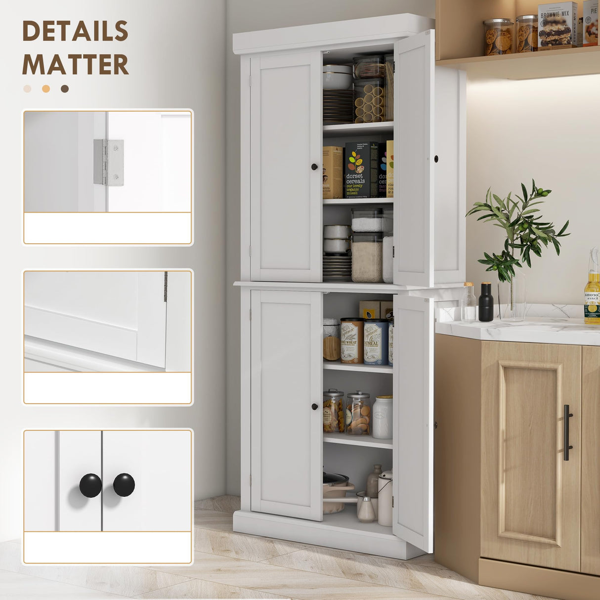 HOMCOM 72.5" White Freestanding Kitchen Pantry Cabinet with Adjustable Shelves and Elegant Design HOMCOM