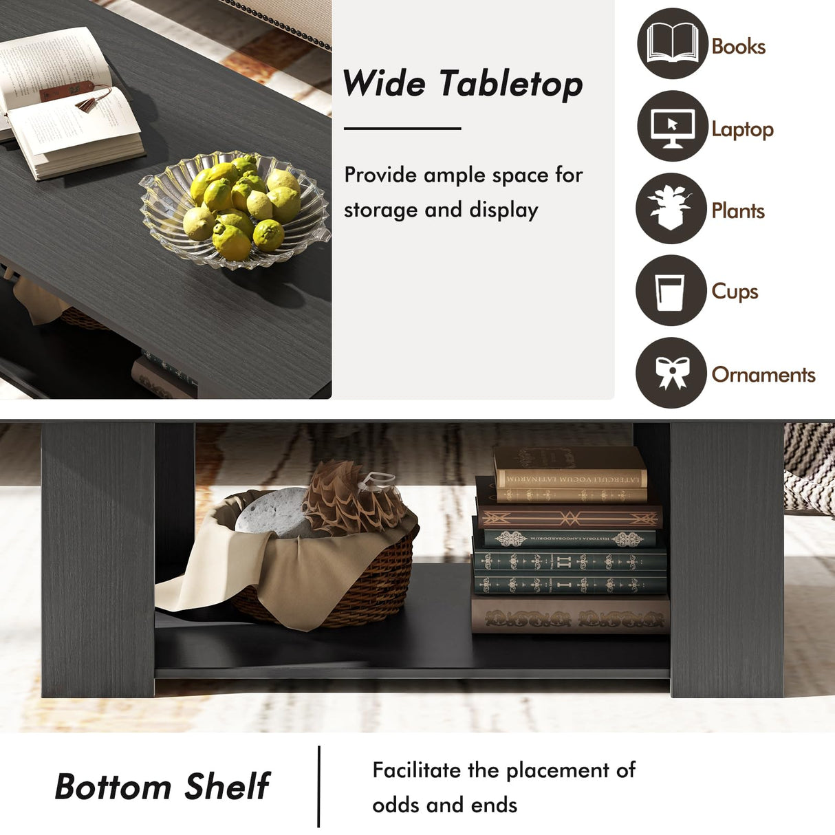 Tangkula 2-Tier Coffee Table, Modern Rectangular Center Cocktail Table with 5 Support Legs, Wooden Accent Living Room Furniture, Small Coffee Table for Small Spaces, Easy Assembly (Black) Tangkula