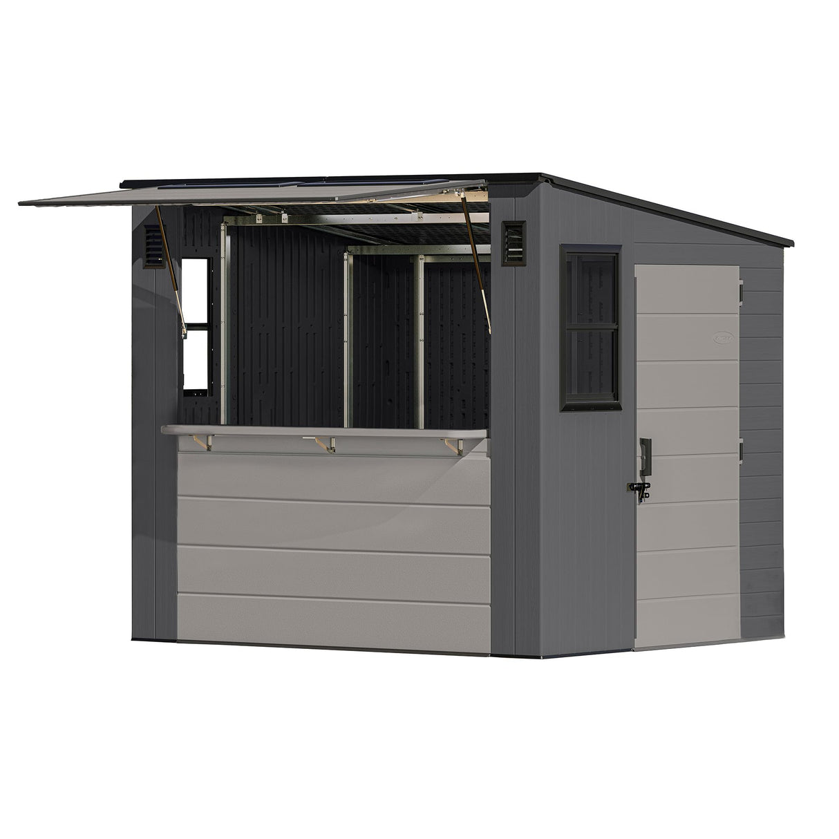 Suncast 8' x 7' Cabana Entertainment Storage Shed, All-Weather Outdoor Backyard Shelter with 2 Windows and Fold-Down Bar Top, Gray Suncast