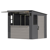 Suncast 8' x 7' Cabana Entertainment Storage Shed, All-Weather Outdoor Backyard Shelter with 2 Windows and Fold-Down Bar Top, Gray Suncast