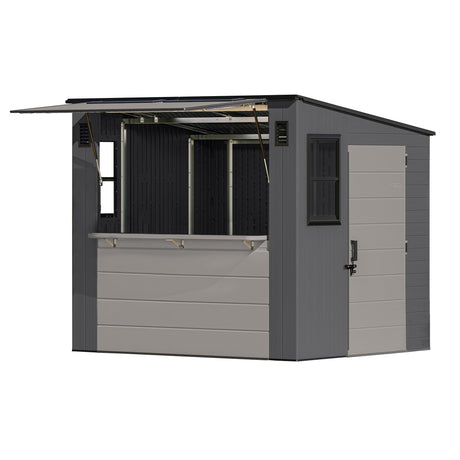 Suncast 8' x 7' Cabana Entertainment Storage Shed, All-Weather Outdoor Backyard Shelter with 2 Windows and Fold-Down Bar Top, Gray Suncast