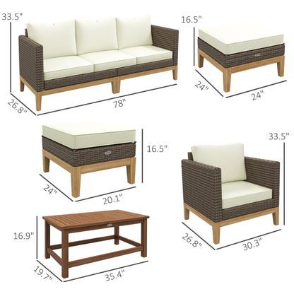 Outsunny Wooden Patio Furniture Set with Thick Padded Cushions, 5-Piece PE Rattan Sectional Sofa with Acacia Wood Top Coffee Table, Outdoor Conversation Set, Cream White - WoodArtSupply