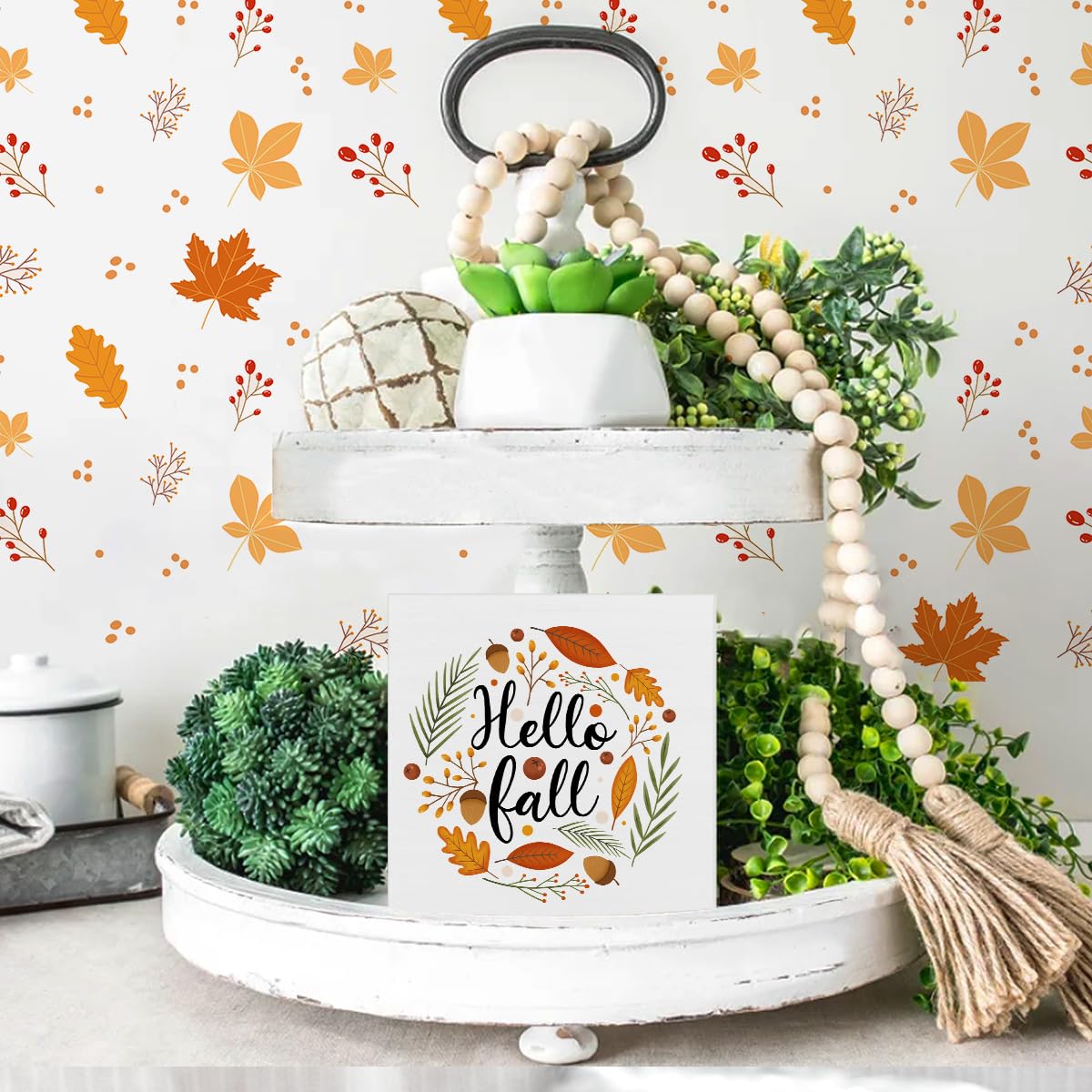 Fall Decor Autumn Leaves Wood Sign Hello Fall Decorations Farmhouse Home Table Desk Decor (5 x 5 Inches) Zauly