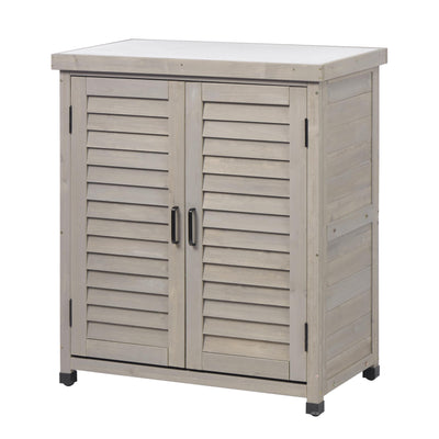 Outdoor Storage Cabinet & Potting Bench Table with Metal Top, Wooden Patio Furniture, Garden Workstation (Accent Grey, 36x31x17in)