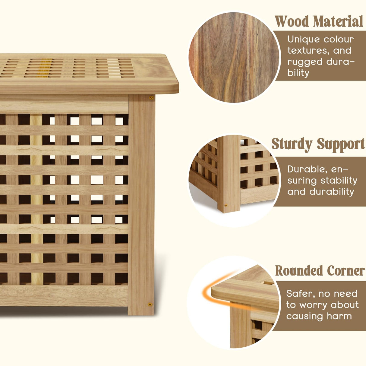 Gashell Bench with Storage, Acacia Laundry Hamper with Seat, Storage Benches with Seating for Entryway, Living Room, Bedroom, Bathroom (15.7x38.6x17.7in) Gashell