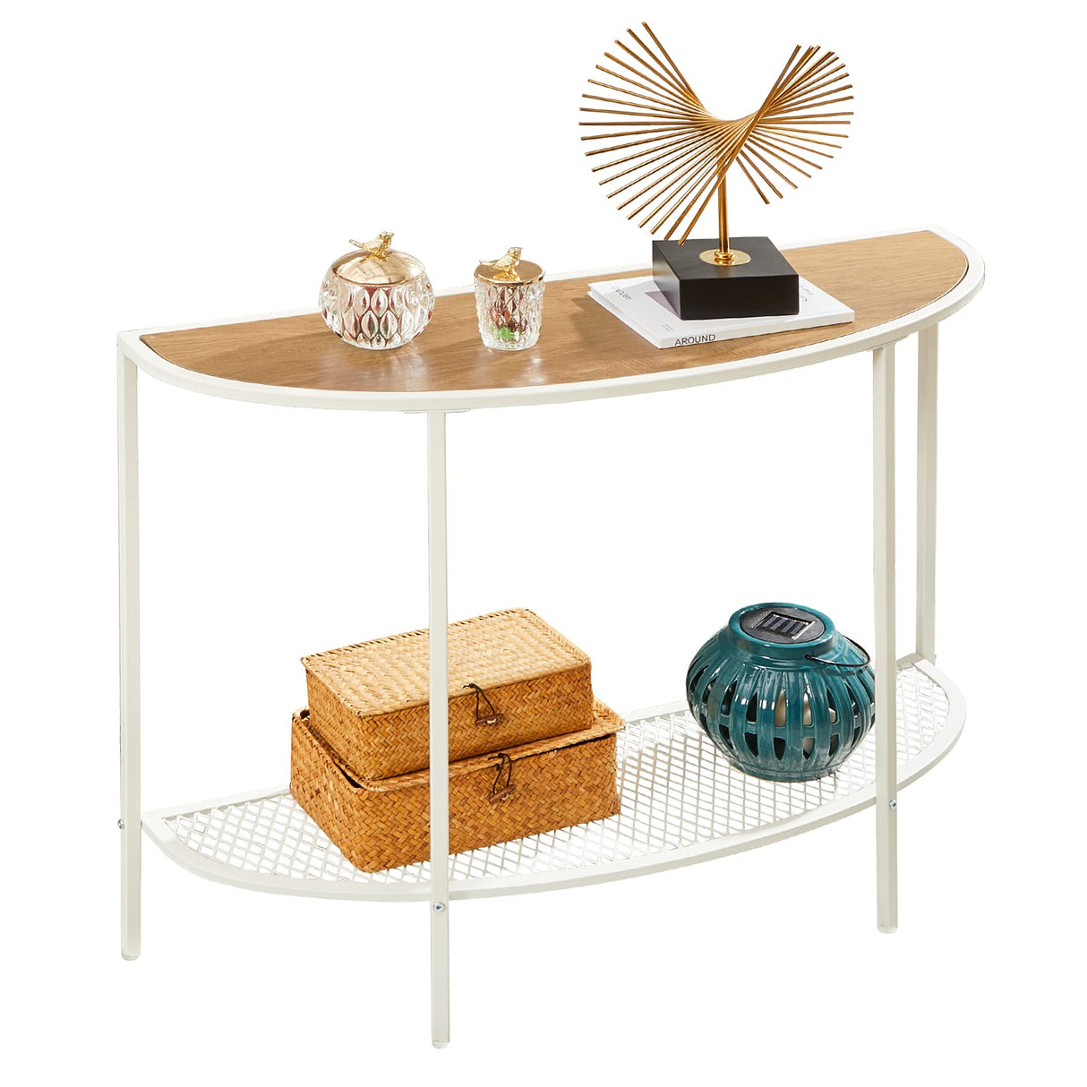 SAYGOER 2-Tier Half Moon Console Table with Storage Shelves in Oak White for Entryway, Living Room, and Office SAYGOER