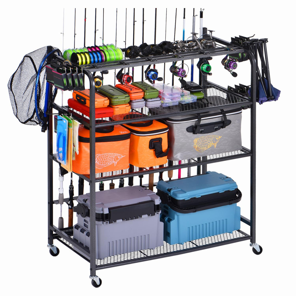 Bknius Fishing Rod Holder for Garage for 15 Rods, Fishing Pole Holders for Fishing Gear Storage Organizer, Fish Rod Rack Basement, Metal Black with Big Wheels, 4-Tier Bknius