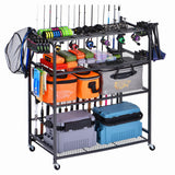 Bknius Fishing Rod Holder for Garage for 15 Rods, Fishing Pole Holders for Fishing Gear Storage Organizer, Fish Rod Rack Basement, Metal Black with Big Wheels, 4-Tier Bknius