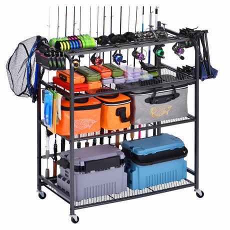 Bknius Fishing Rod Holder for Garage for 15 Rods, Fishing Pole Holders for Fishing Gear Storage Organizer, Fish Rod Rack Basement, Metal Black with Big Wheels, 4-Tier Bknius