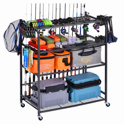 Bknius Fishing Rod Holder for Garage for 15 Rods, Fishing Pole Holders for Fishing Gear Storage Organizer, Fish Rod Rack Basement, Metal Black with Big Wheels, 4-Tier