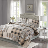 3-Piece Brown Plaid Bedspread Sets Quilts Queen Size Sets Plaid Quilts Bedding Sets Reversible Lightweight Stripe Coverlet Grid Bedding Patchwork Soft Quilt for Bed (90" x 90") CHESITY