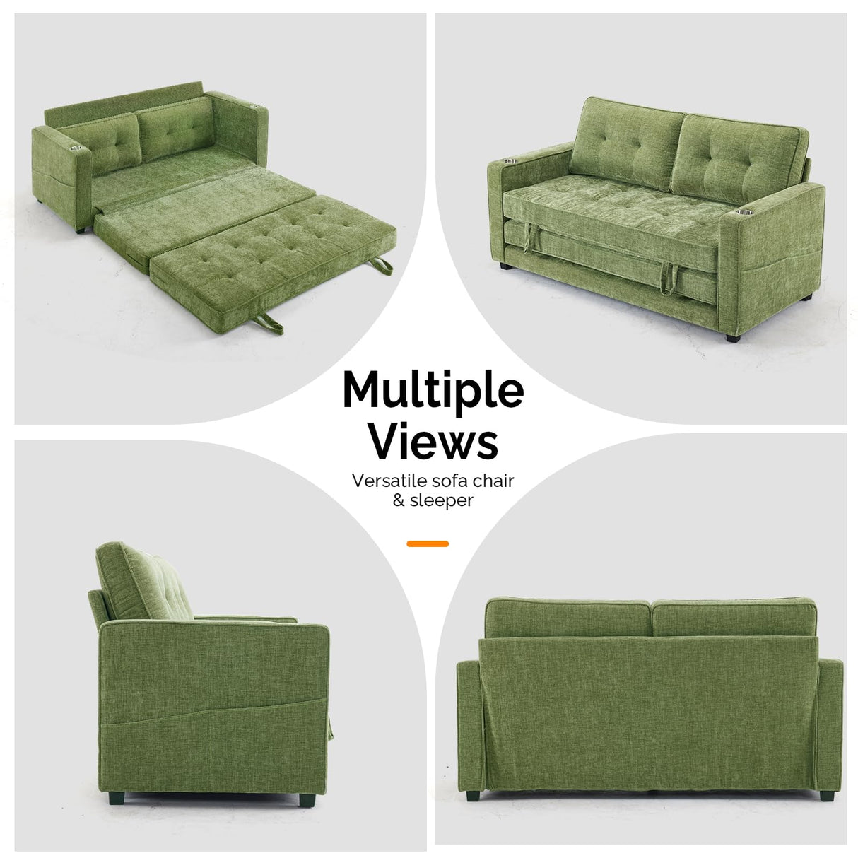 VINGLI Sofa Bed Full Size Pull Out Couch Bed Olive Green Futon Couch 64" W 84" L Loveseat Sleeper Floor Couches for Living Room Convertible Loveseat Sofa Foldable Sofa Bed VINGLI