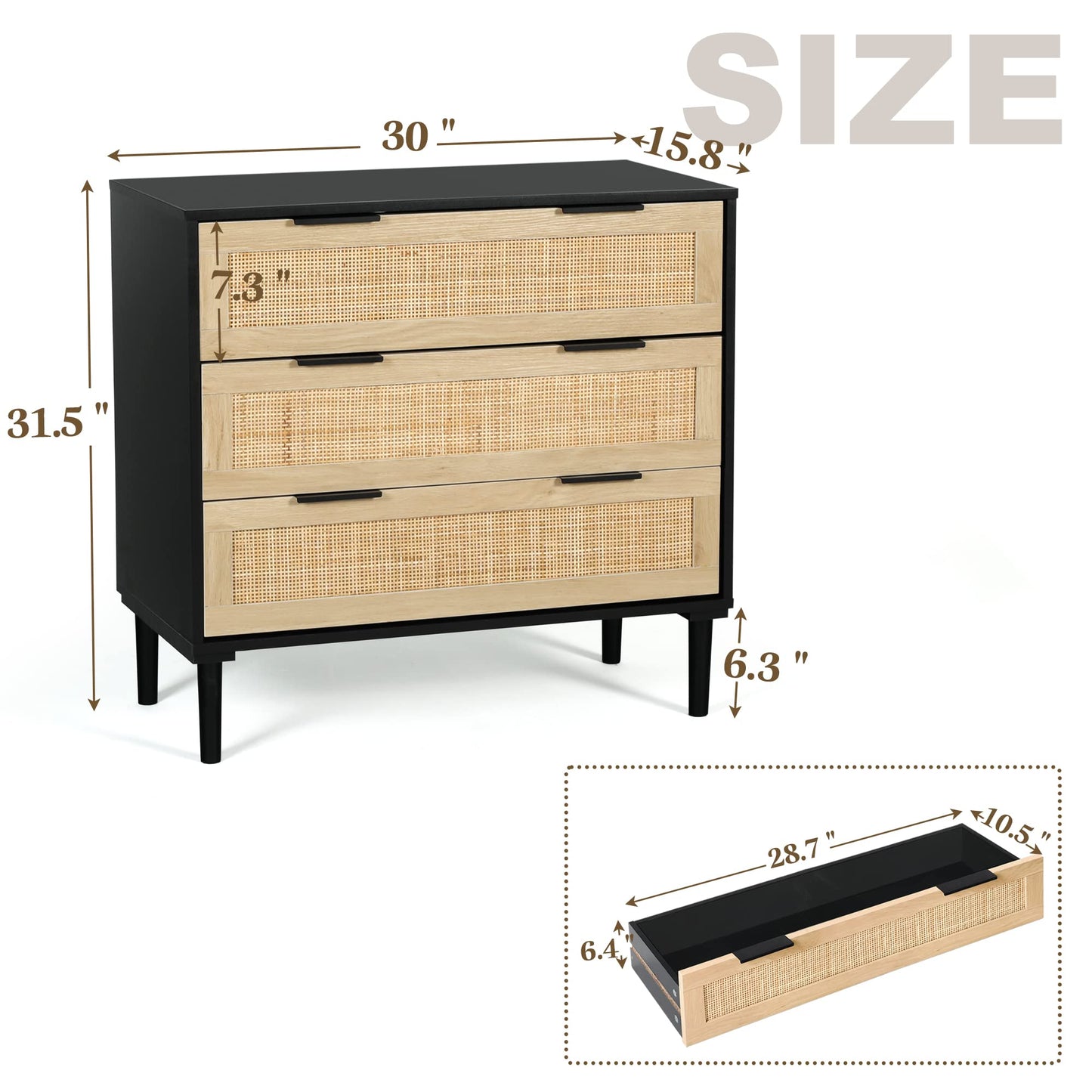 LAZZO Rattan 3 Drawer Wood Dresser Boho Large Storage Cabinet Nightstand Chest for Bedroom Mid Century Modern Chest of Drawers Wide Closet Dresser Storage Organizer - WoodArtSupply