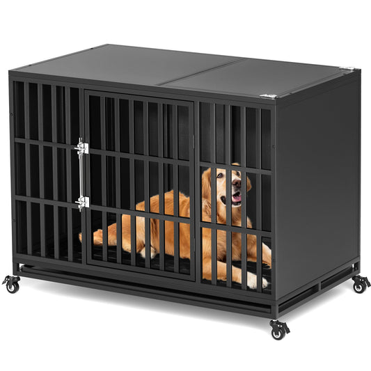 REXWELTEN 48 inch Heavy Duty Dog Crate with Self-Locking Latch, Indestructible Large Steel Kennel with Enclosed Design, Escape-Proof and Chew-Proof Pet Cage for High Anxiety Dogs