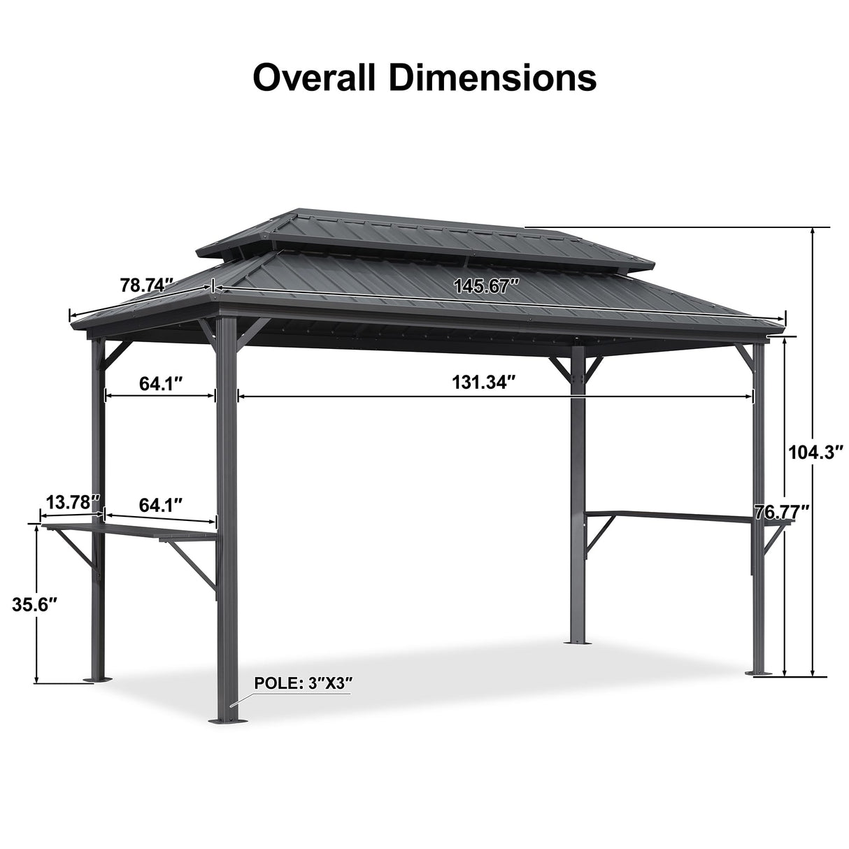 PURPLE LEAF 6.5' X 12' Hardtop Grill Gazebo for Patio Permanent Aluminum Barbeque Shelter Gazebo Canopy with Ceiling Hook and Shelves Double Tiered Grey Outdoor BBQ Gazebo PURPLE LEAF