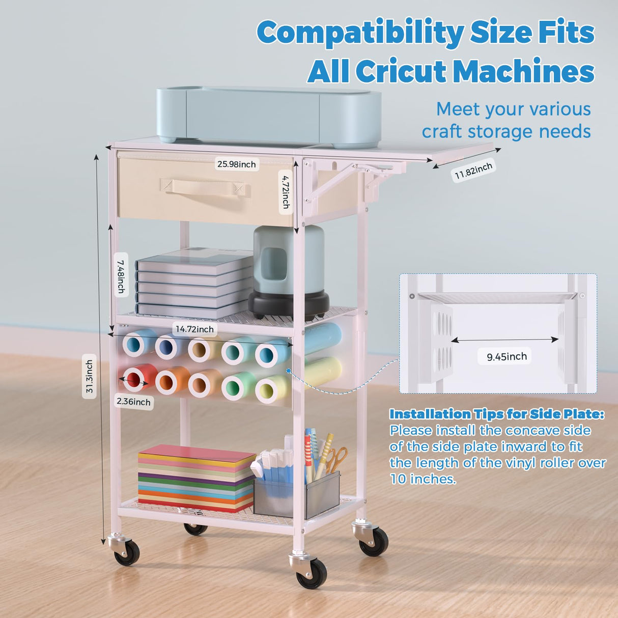 Craft Cart and Organizer Table Compatible with Craft Cutting Machine - Rolling Storage Organizer with Drawer & Vinyl Roll Holder, Crafting Table Workstation Holder for Craft Room Home Office (White) Jolensoy