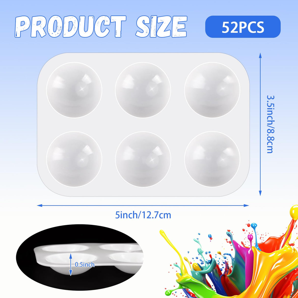 Bercoor 52 PCS Plastic Paint Palettes, 6 Well White Rectangular Watercolor Oil Palette Painting Tray Artist Craft Palettes for Painting Party, DIY Craft and Art Painting Bercoor