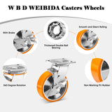 W B D WEIBIDA 6 Inch Industrial Grade Casters Set of 4, Heavy Duty Casters Wheels with Brake 5000 Lbs, Maintenance-Free Polyurethane on Aluminum Wheels, Plate Swivel Casters for Machine, Equipment W B D WEIBIDA