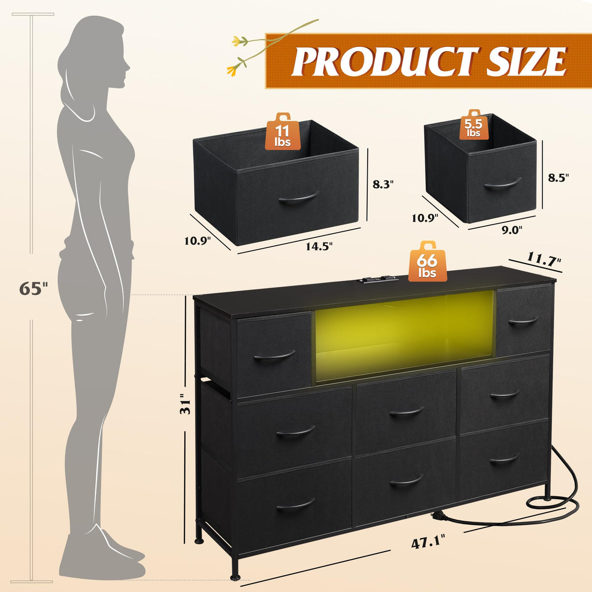 WLIVE Black Dresser for Bedroom, TV Stand for Bedroom for 55 inch TV with Charging Station and LED Lights, Fabric Chest of Drawers with Open Shelves, 8 Drawers Dressers for Living Room, Closet WLIVE